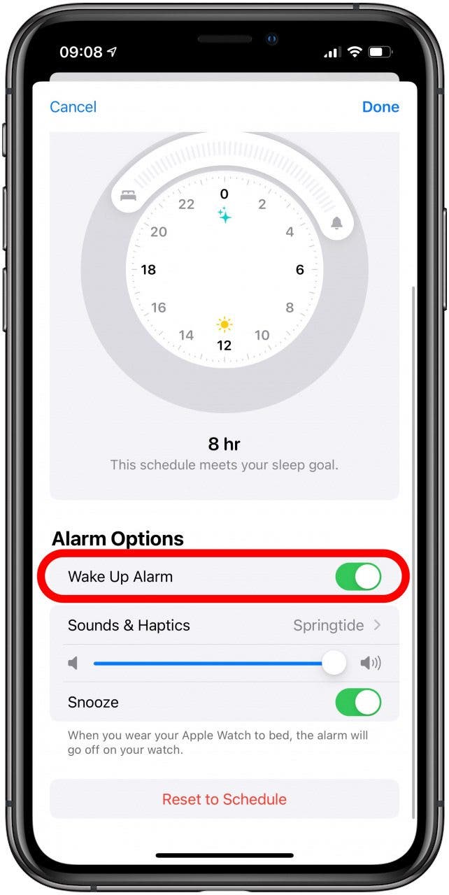 Sous Options d'alarme, vous pouvez activer l'alarme de réveil.