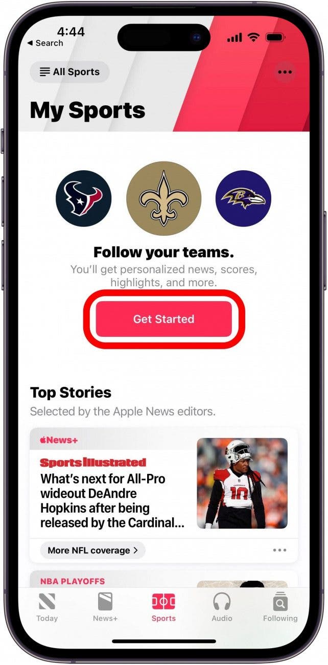 Si vous n'avez pas configuré votre flux Apple News Sports, vous pouvez appuyer sur Commencer pour le faire.