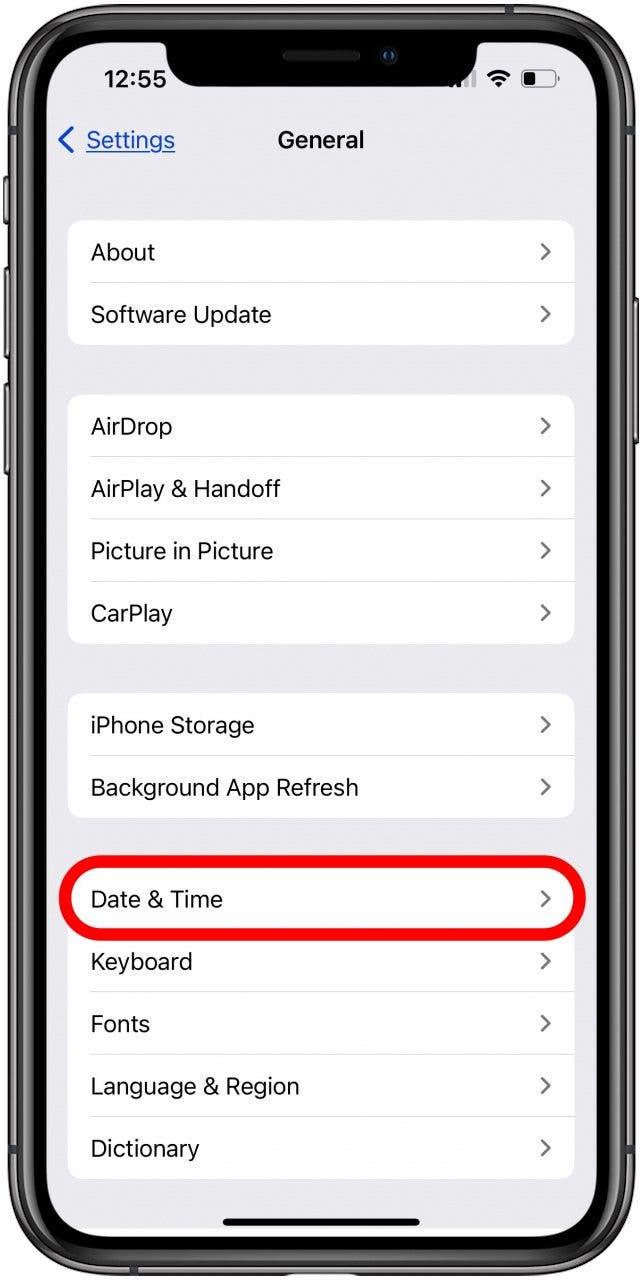 appuyez sur la date et l'heure dans les paramètres de l'ipad ou de l'iphone
