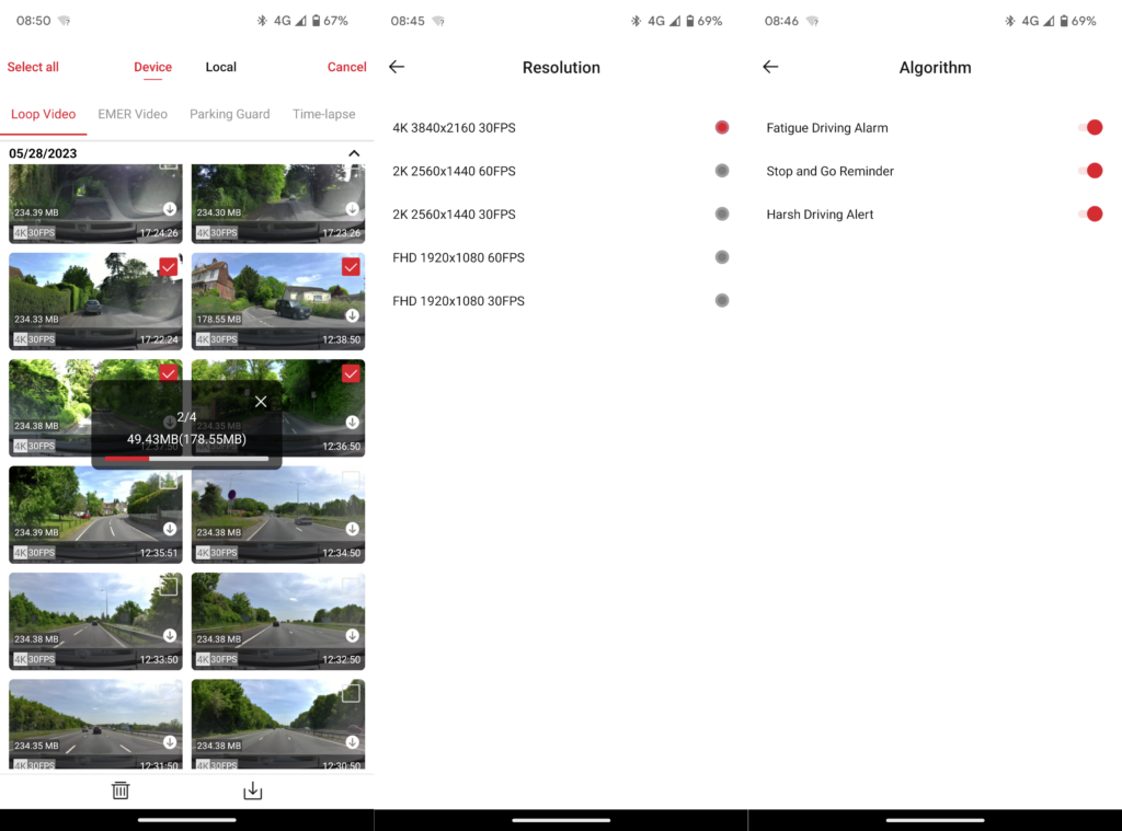 Application de caméra de tableau de bord Miofive 4K UHD affichant des vidéos enregistrées