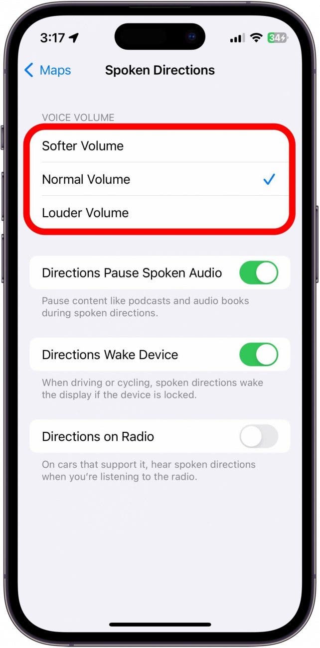 Paramètres des directions vocales d'Apple Maps avec les options de volume vocal décrites