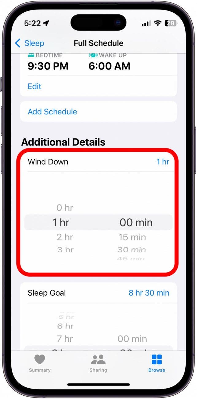 capture d'écran du menu de veille de l'application iphone santé avec le temps d'arrêt encerclé en rouge
