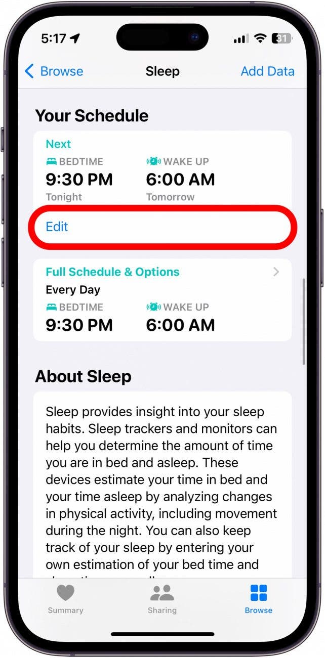 capture d'écran du menu de veille de l'application iphone santé avec le bouton d'édition sous le prochain horaire entouré en rouge