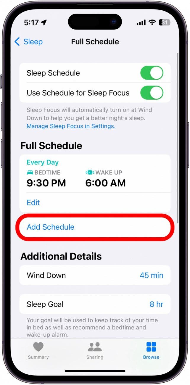 capture d'écran du menu de veille de l'application iphone santé avec Modifier l'horaire encerclé en rouge