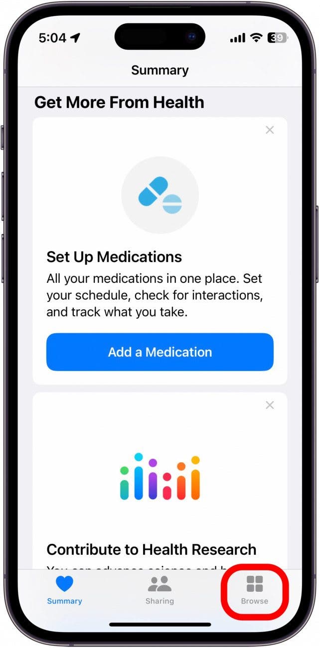 Capture d'écran de l'application de santé pour iPhone avec l'onglet Parcourir entouré en rouge