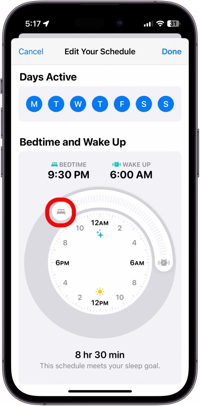 capture d'écran de l'horaire de sommeil de l'iphone avec le curseur de l'heure du coucher encerclé en rouge