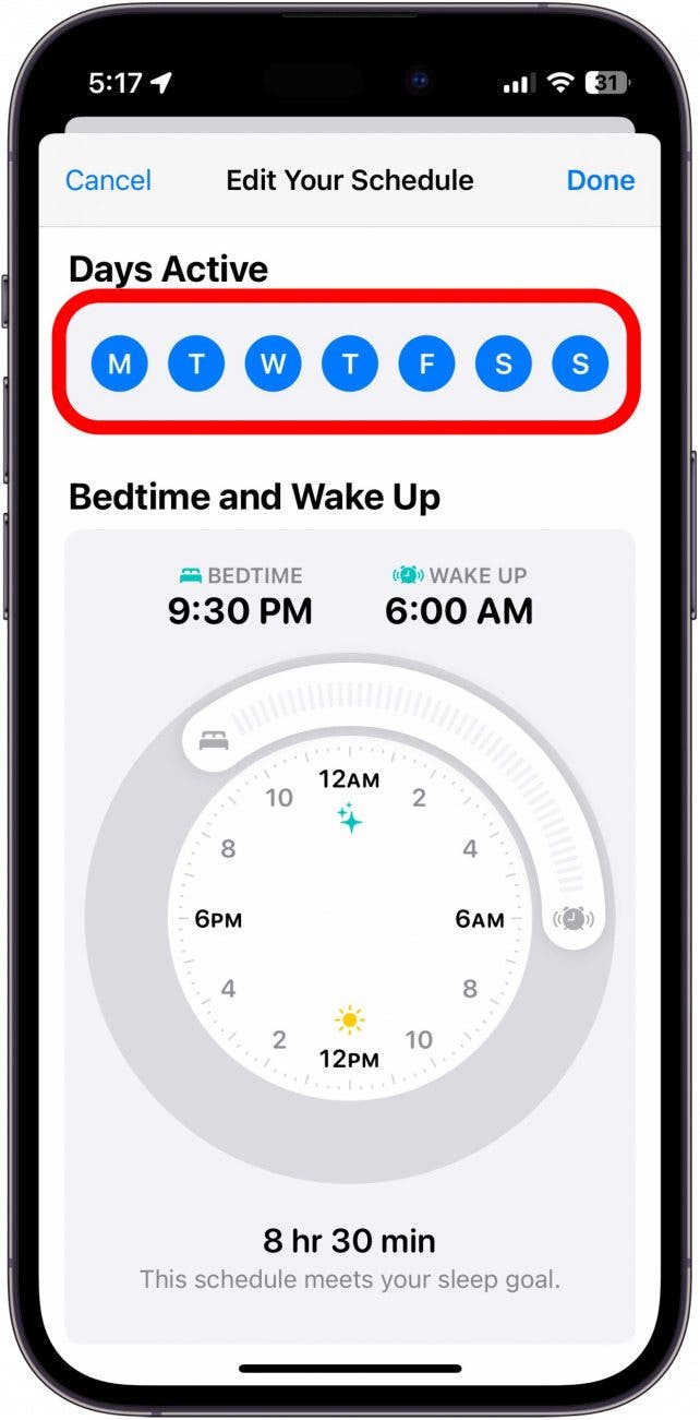 capture d'écran de l'horaire de sommeil de l'iphone avec les jours actifs encerclés en rouge