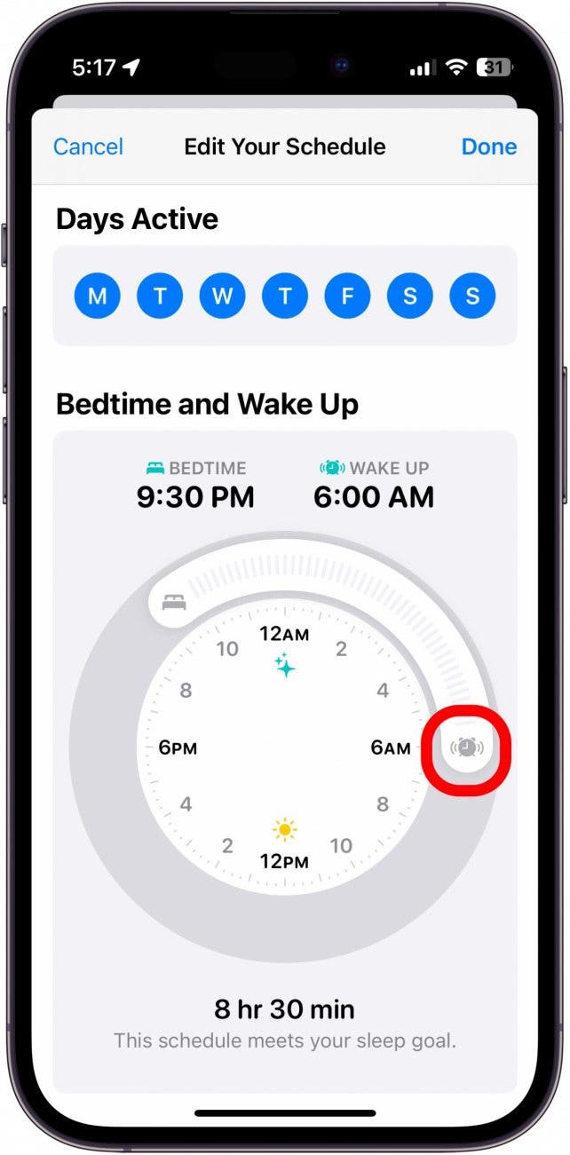 capture d'écran de l'horaire de sommeil de l'iphone avec le curseur de réveil entouré en rouge