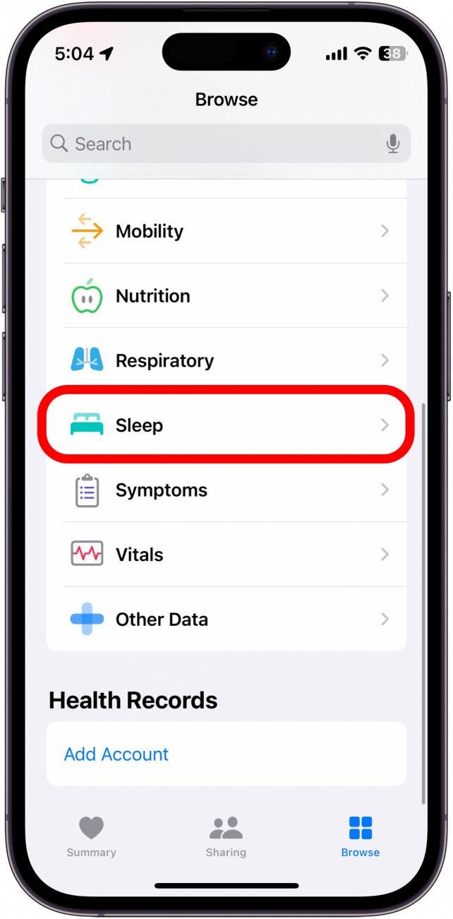 capture d'écran de l'application iphone santé avec la catégorie sommeil entourée en rouge