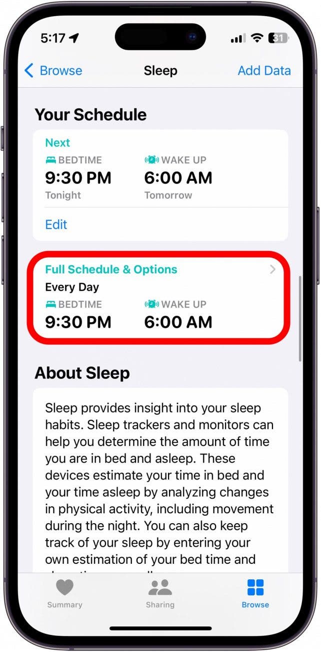 capture d'écran du menu de veille de l'application iphone santé avec l'horaire complet et les options entourées en rouge
