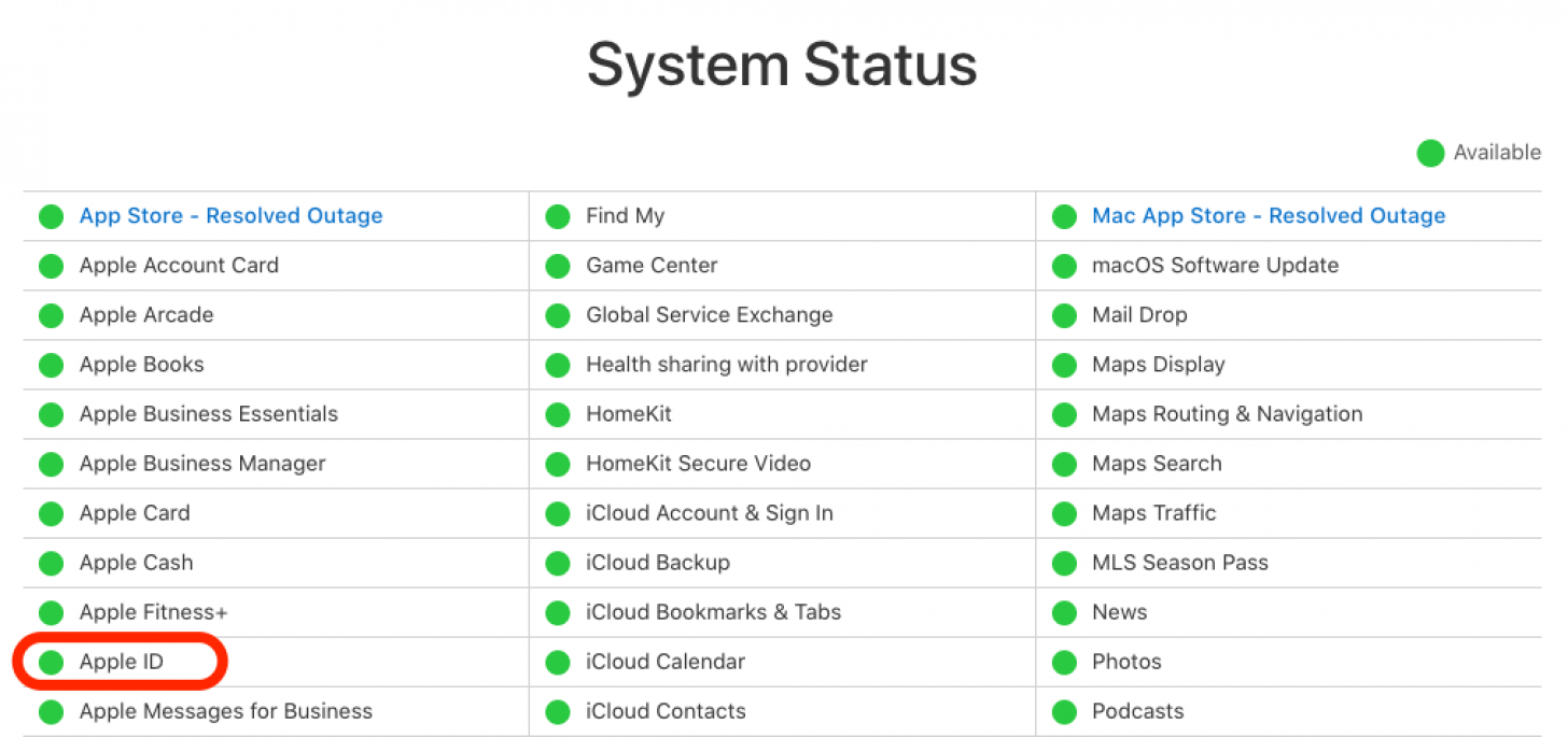 vérifier l'état du système Apple pour l'identifiant Apple