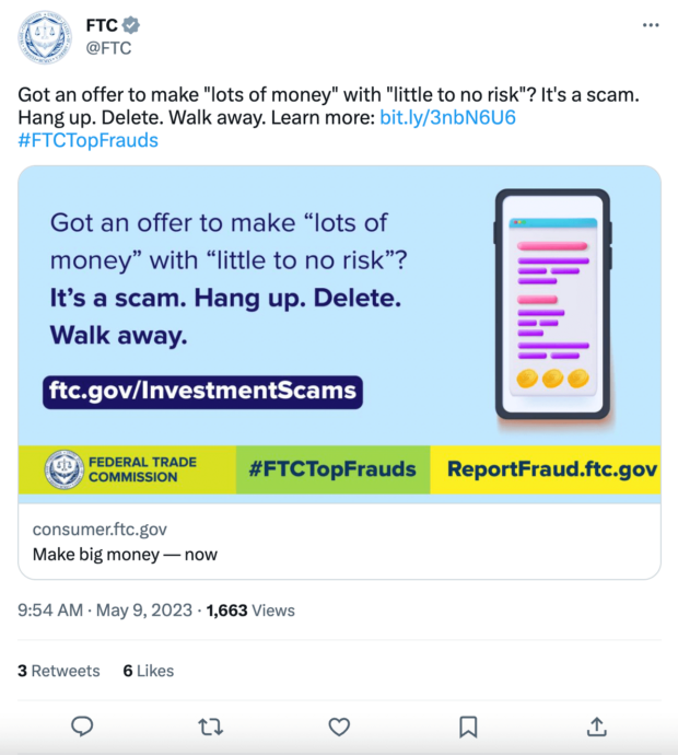 Tweet de sensibilisation à la fraude à l'escroquerie de la FTC