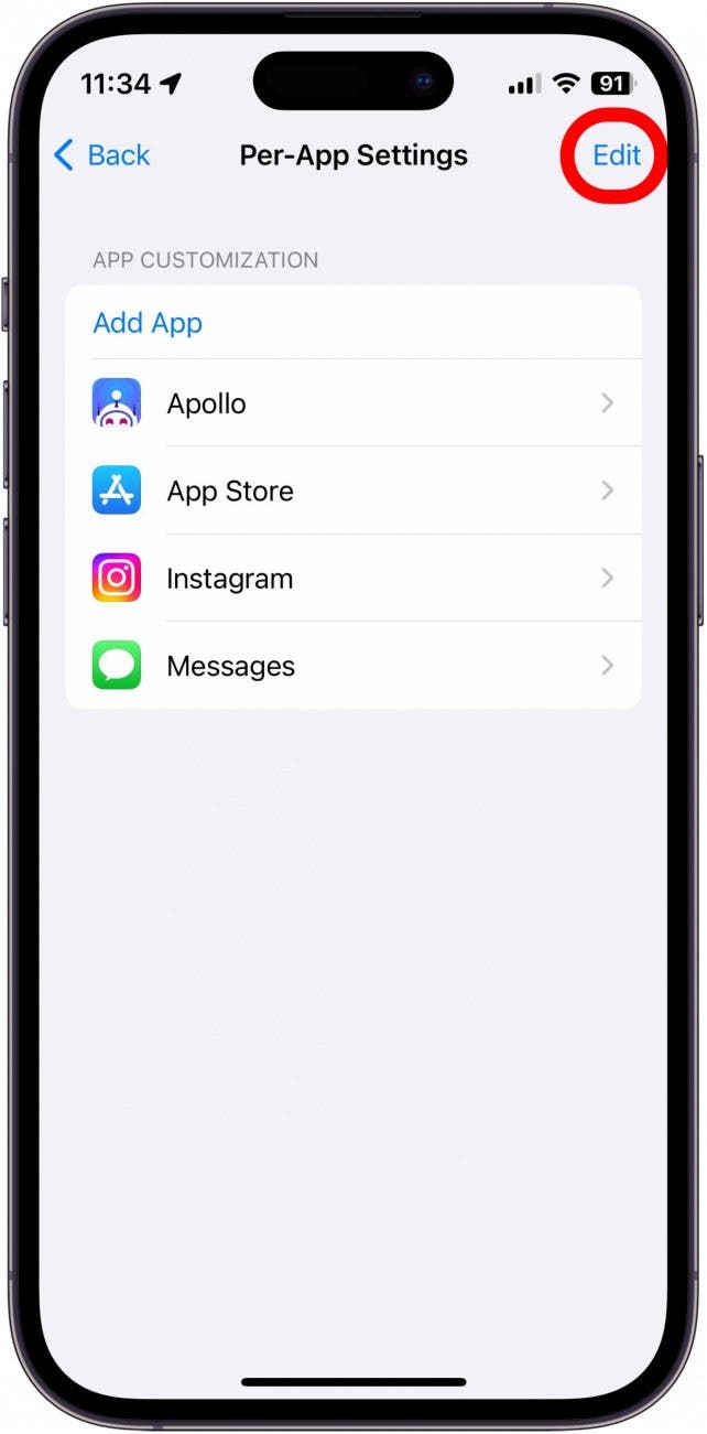 Capture d'écran des paramètres de l'iPhone par application avec le bouton d'édition encerclé