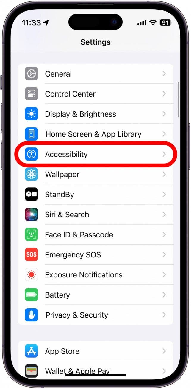 Capture d'écran des paramètres de l'iPhone avec l'accessibilité entourée en rouge