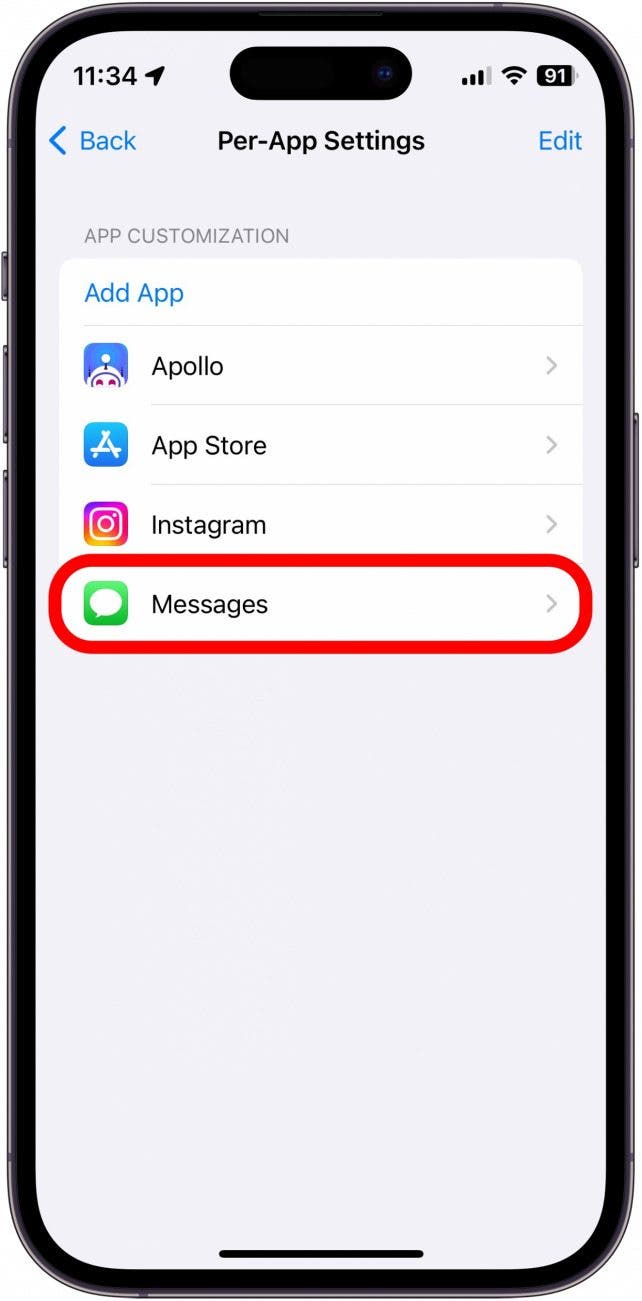 Capture d'écran des paramètres de l'iPhone par application avec l'application de messages entourée en rouge