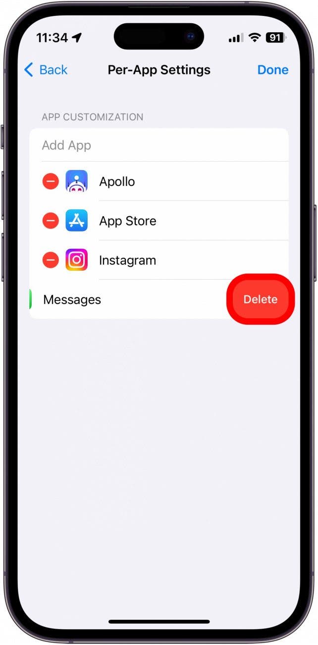 Capture d'écran des paramètres de l'iPhone par application avec le bouton de suppression entouré en rouge