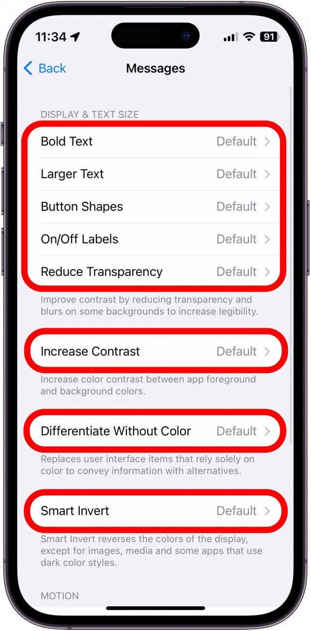 Capture d'écran des paramètres de l'iPhone par application montrant les options d'accessibilité disponibles