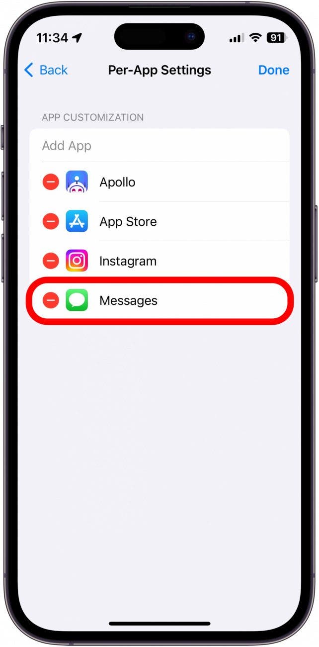Capture d'écran des paramètres de l'iPhone par application avec l'application de messages signe moins entouré en rouge