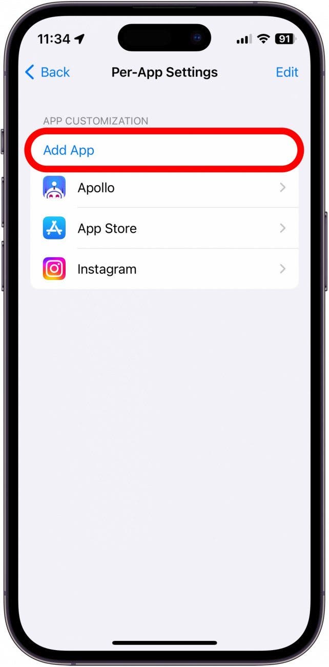 Capture d'écran des paramètres de l'iPhone par application avec ajouter une application entourée en rouge