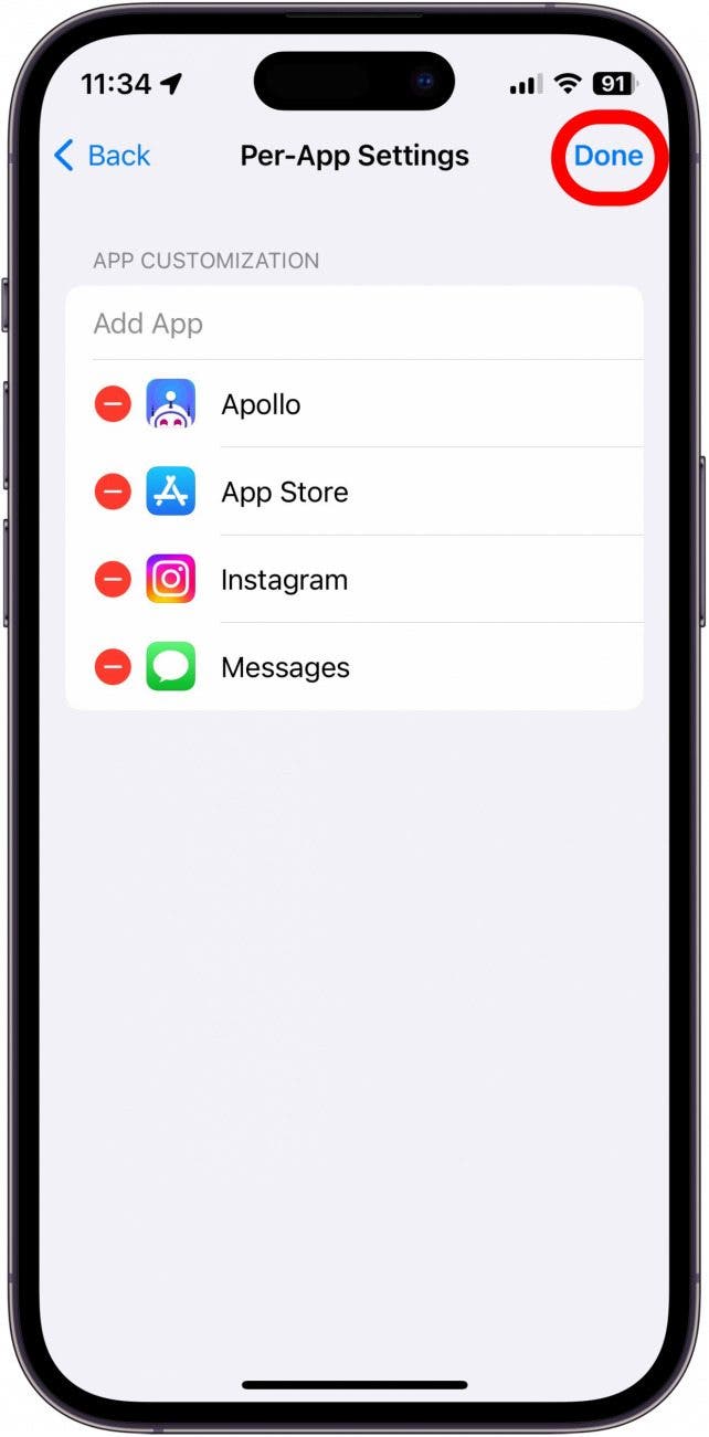 Capture d'écran des paramètres de l'iPhone par application avec le bouton Terminé entouré en rouge