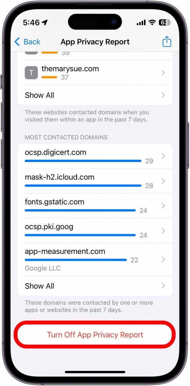 capture d'écran du rapport de confidentialité de l'application iphone avec désactivation du rapport de confidentialité de l'application entouré en rouge