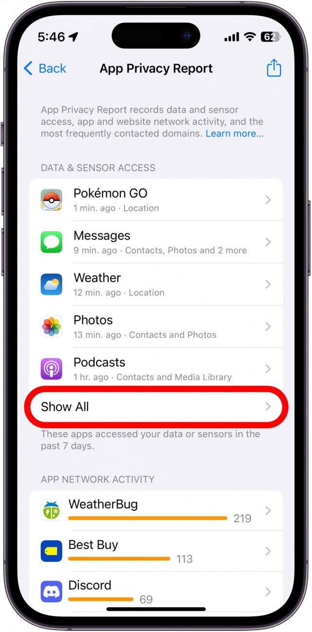 capture d'écran du rapport de confidentialité de l'application iphone avec le bouton afficher tout entouré en rouge
