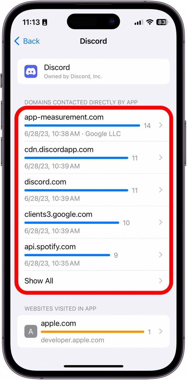capture d'écran du rapport de confidentialité de l'application Discord avec les domaines encerclés en rouge 