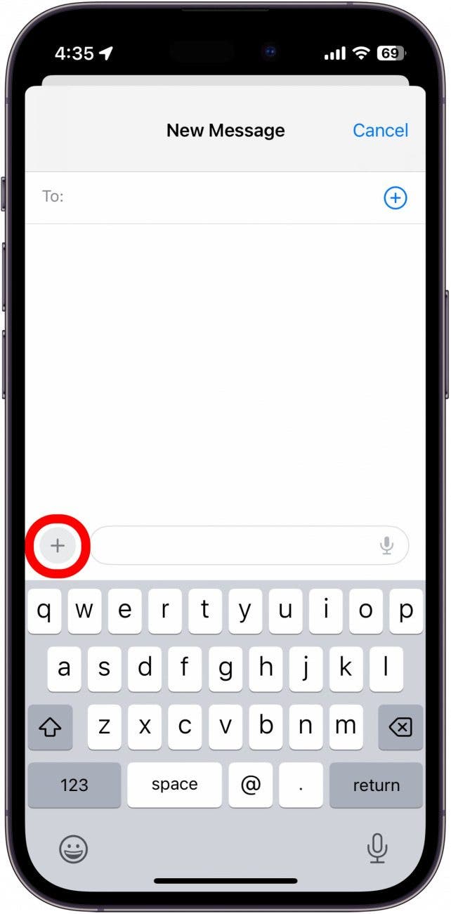 écran de nouveau message iphone avec cercle rouge autour de l'icône plus