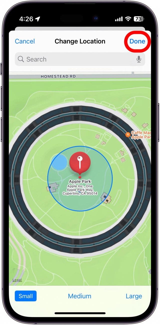 enregistrement de l'iphone dans les paramètres de localisation avec le bouton terminé entouré en rouge