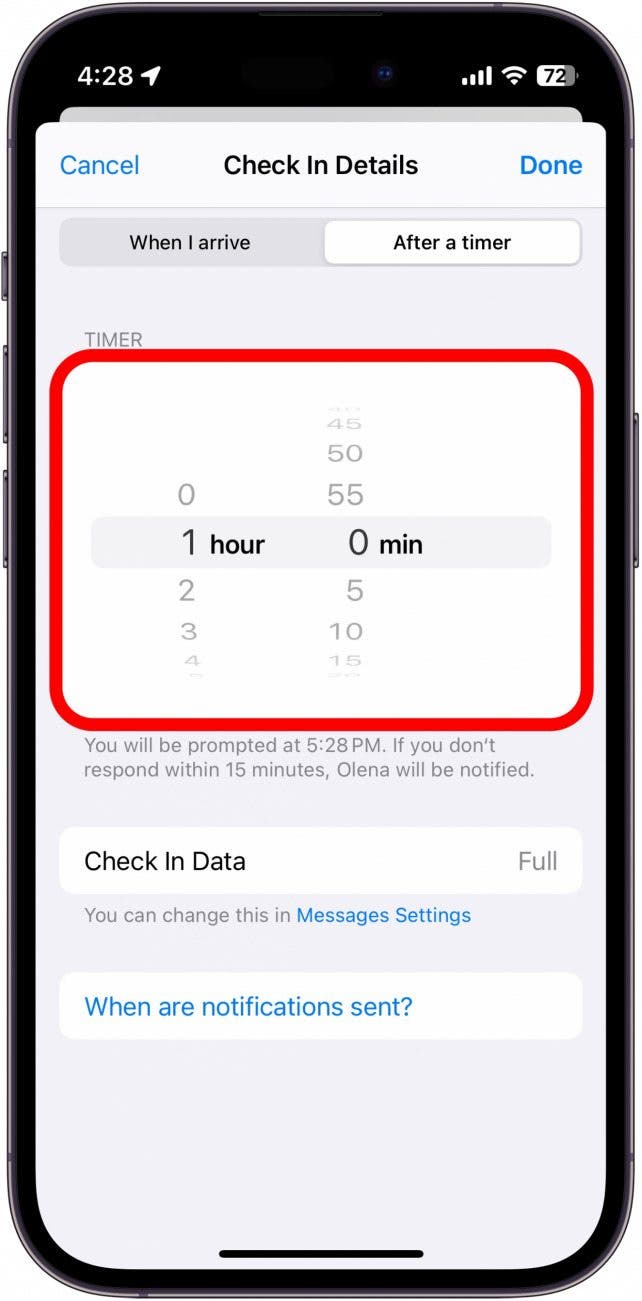 enregistrement de l'iphone après un onglet de minuterie avec les paramètres de minuterie entourés en rouge