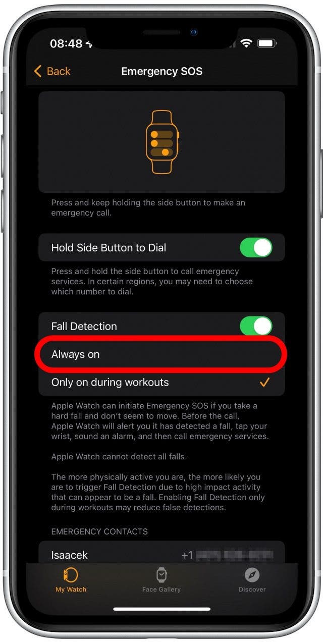 Vous pouvez basculer cela sur Toujours activé - montre Apple d'alerte de chute