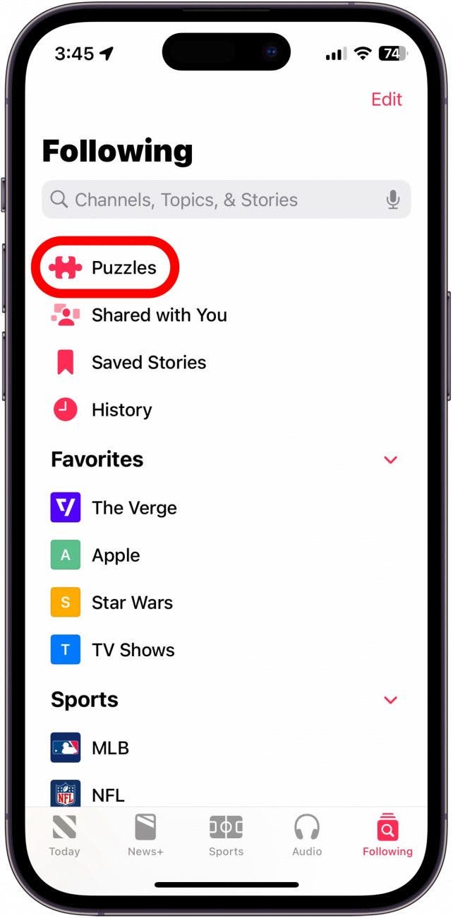 application apple news avec bouton puzzles entouré en rouge