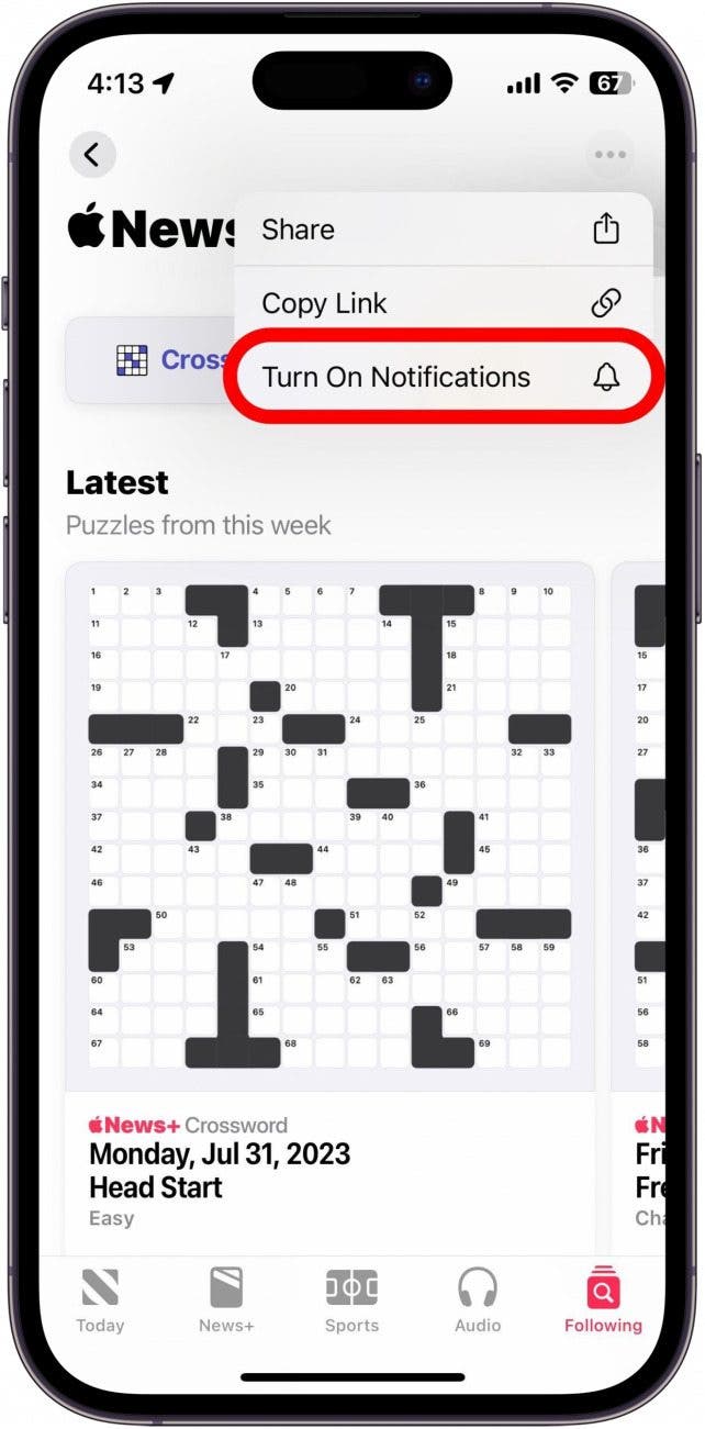 puzzles d'actualités Apple avec bouton d'activation des notifications entouré en rouge