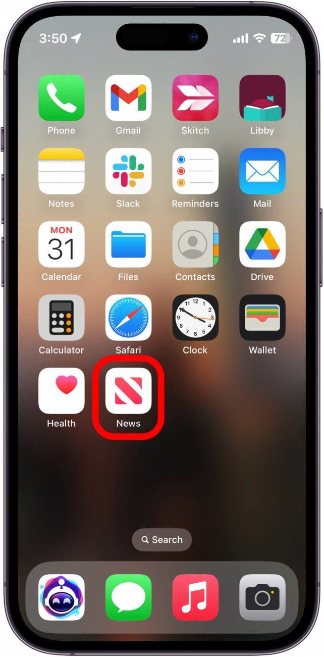 écran d'accueil de l'iphone avec l'application News entourée en rouge