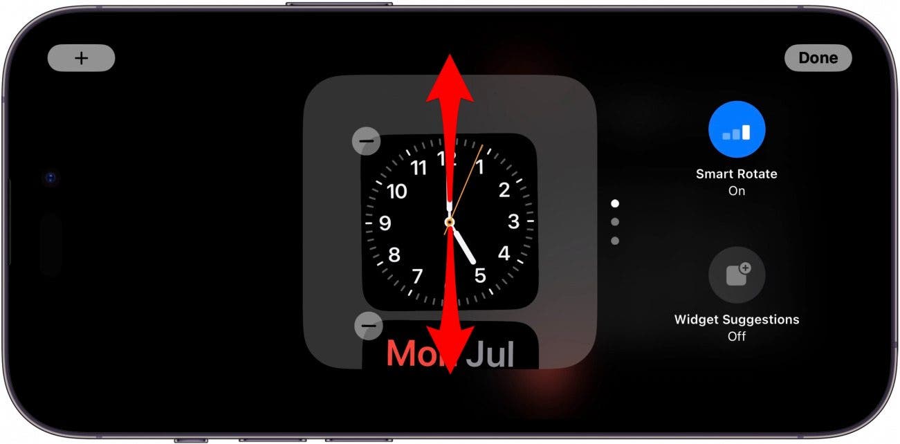 écran des widgets de veille de l'iphone avec des flèches rouges pointant vers le haut et vers le bas sur la pile de widgets, indiquant de balayer vers le haut ou vers le bas