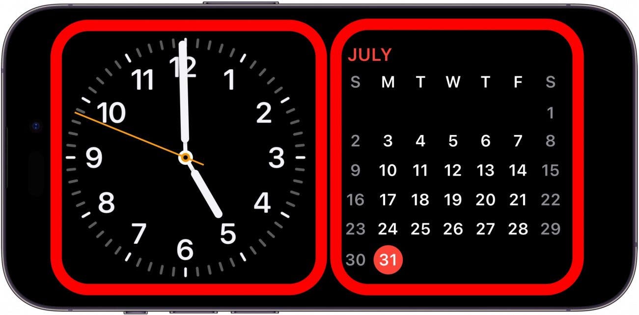 écran de veille de l'iphone avec des widgets d'horloge et de calendrier et une boîte rouge autour de chacun d'eux, indiquant qu'il faut appuyer et maintenir l'un ou l'autre
