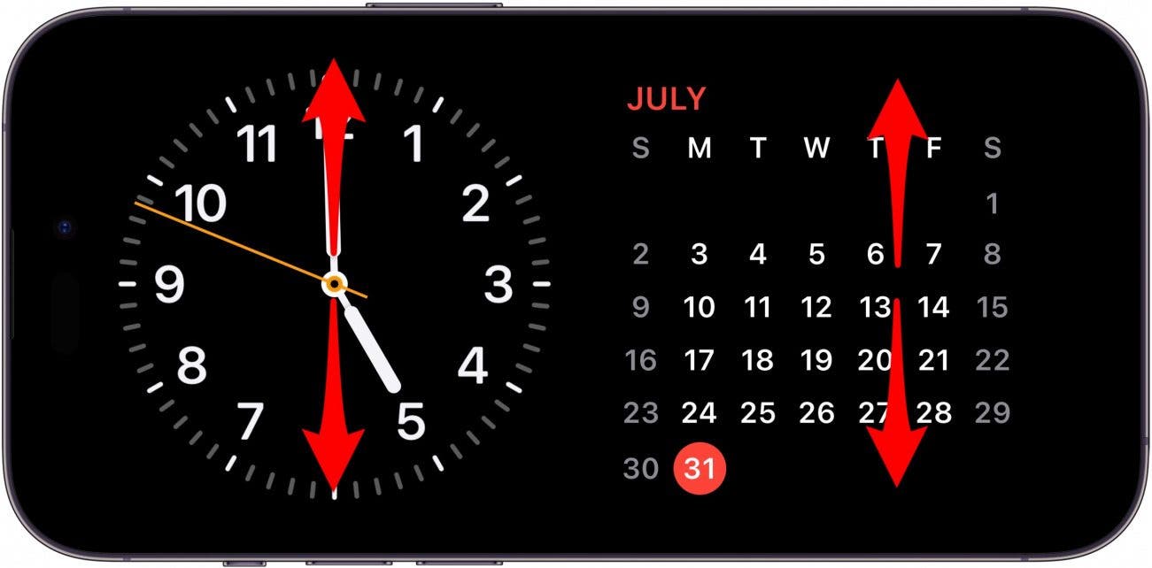 écran de veille de l'iphone avec widgets d'horloge et de calendrier, avec des flèches rouges vers le haut et vers le bas sur les deux widgets indiquant de balayer vers le haut ou vers le bas sur les widgets