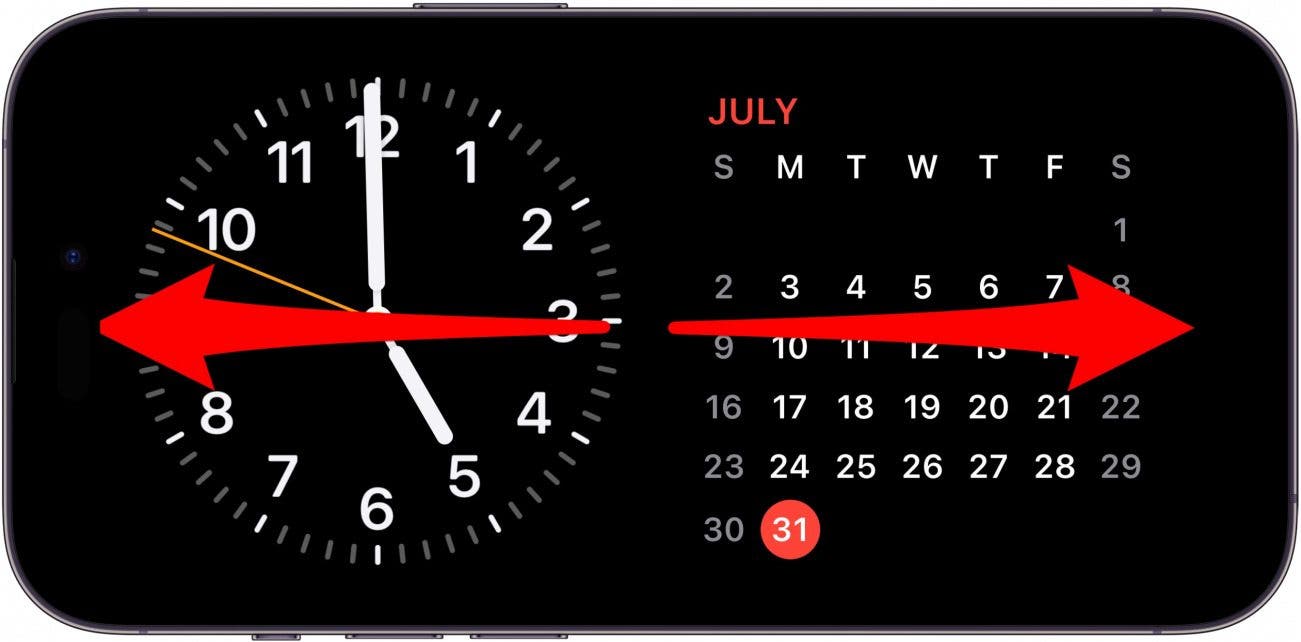 écran de veille iphone avec widgets horloge et calendrier, et flèches rouges pointant vers la gauche et la droite, indiquant les balayages vers la gauche et vers la droite
