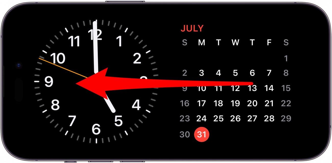 écran de veille iphone avec widgets horloge et calendrier, et une flèche rouge pointant vers la gauche sur l'écran, indiquant de balayer vers la gauche sur l'écran