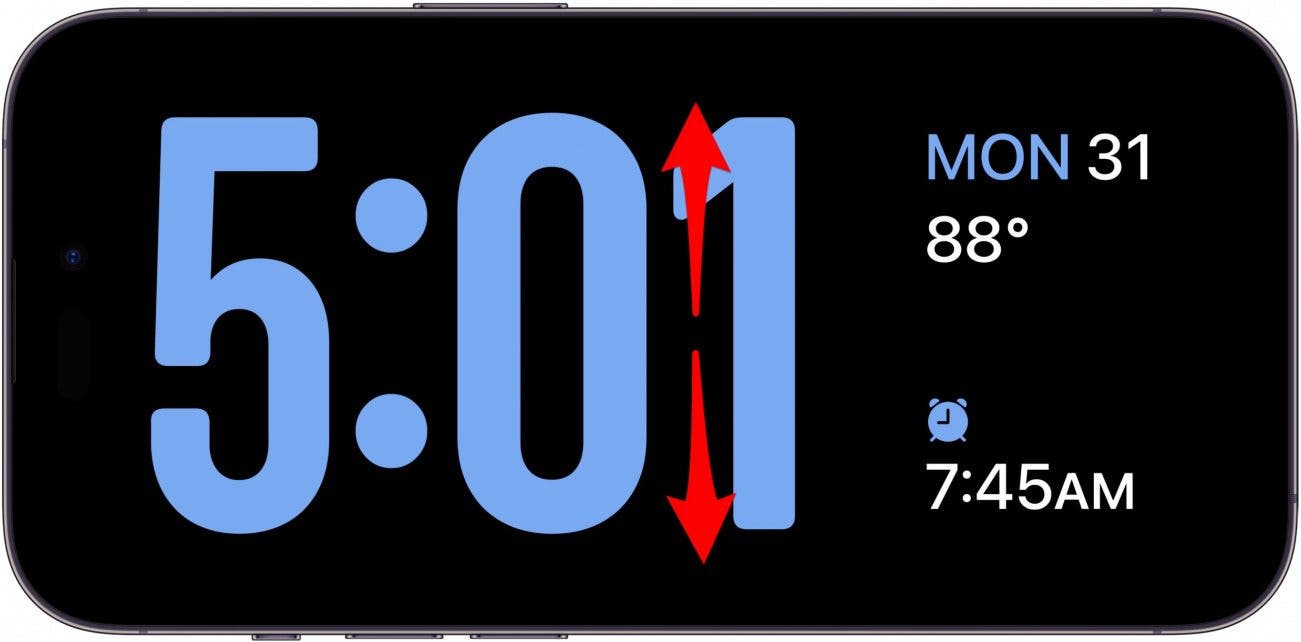 écran d'horloge de veille iphone avec des flèches rouges pointant vers le haut et vers le bas, indiquant de balayer vers le haut ou vers le bas