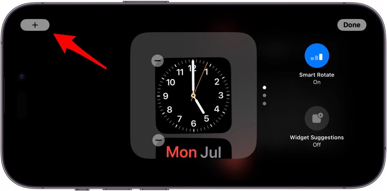 écran des widgets de veille de l'iphone avec une flèche rouge pointant vers l'icône plus