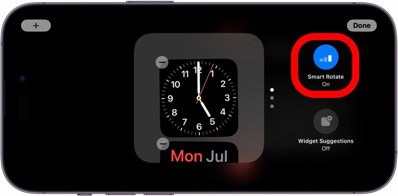 écran des widgets de veille de l'iphone avec option de rotation intelligente entourée en rouge