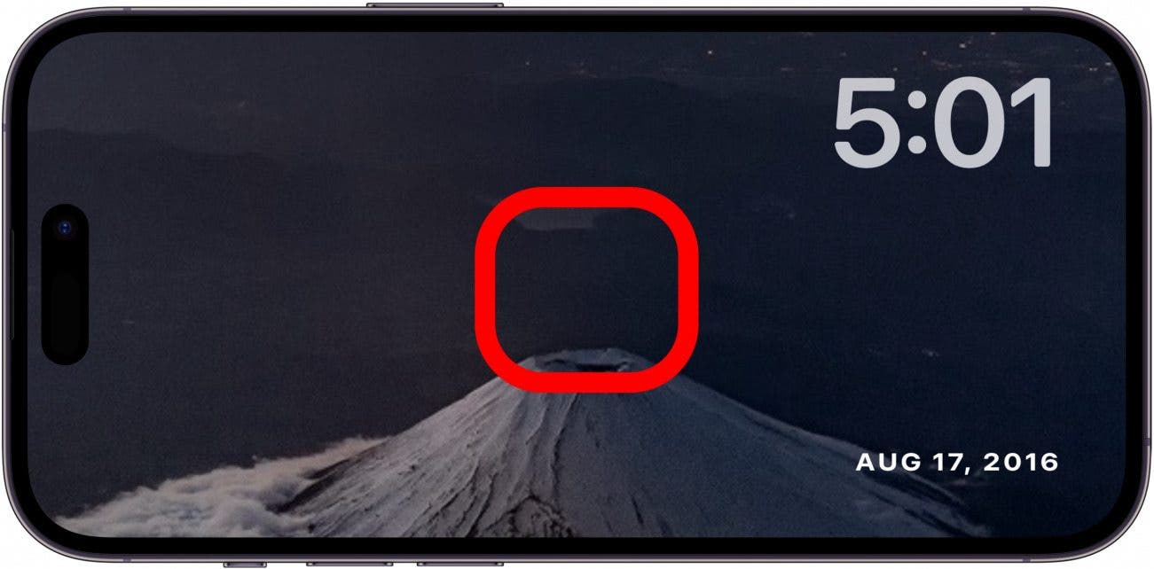 écran de photos de veille iphone avec boîte rouge au centre de l'écran, indiquant d'appuyer brièvement sur l'écran et de le maintenir enfoncé