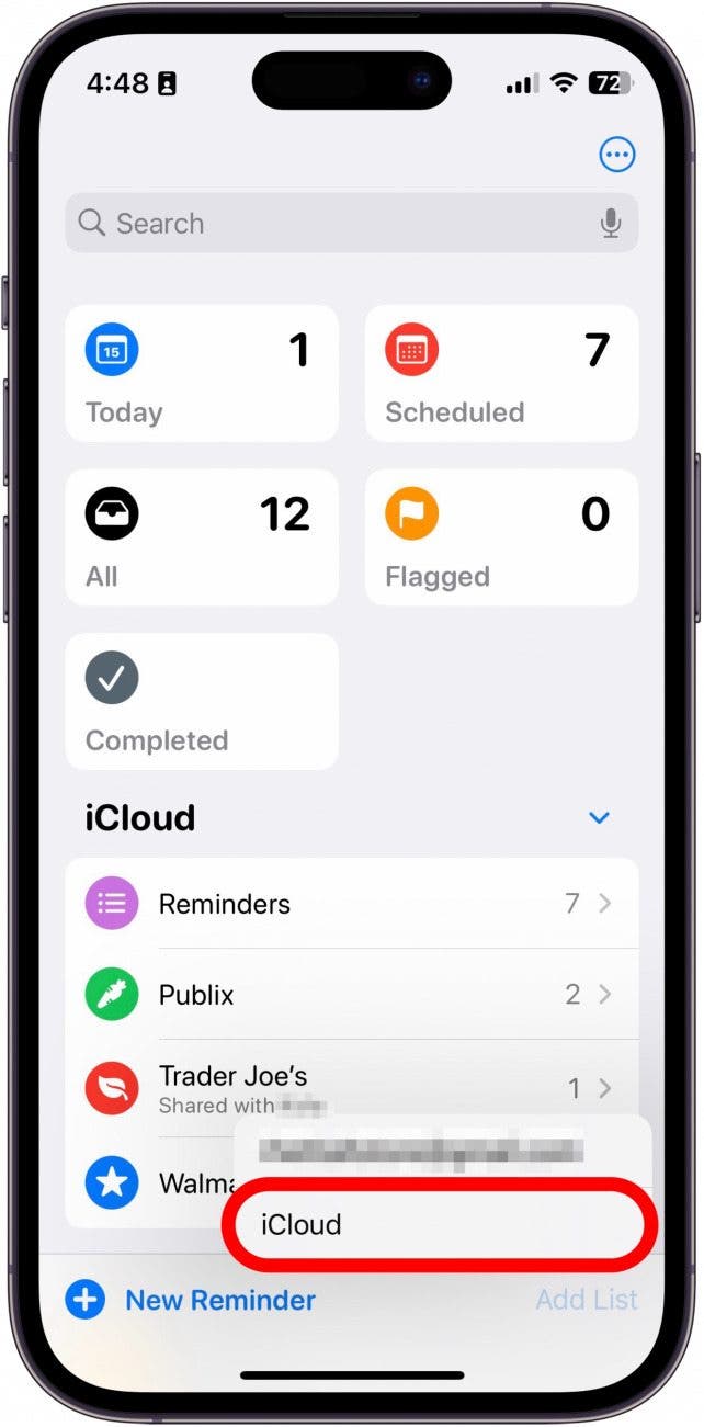 application de rappels iphone création d'une nouvelle liste avec le compte iCloud entouré en rouge