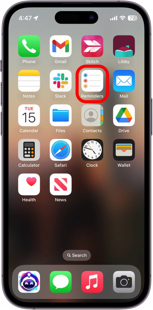 écran d'accueil de l'iphone avec l'application de rappels entourée en rouge