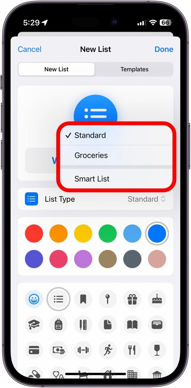 application de rappels iphone nouvelle liste avec les options de type de liste entourées en rouge
