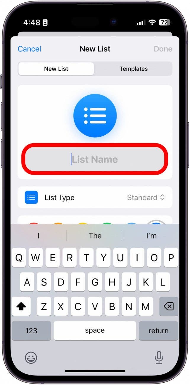rappels iphone nouvelle liste avec le champ du nom de la liste encerclé en rouge