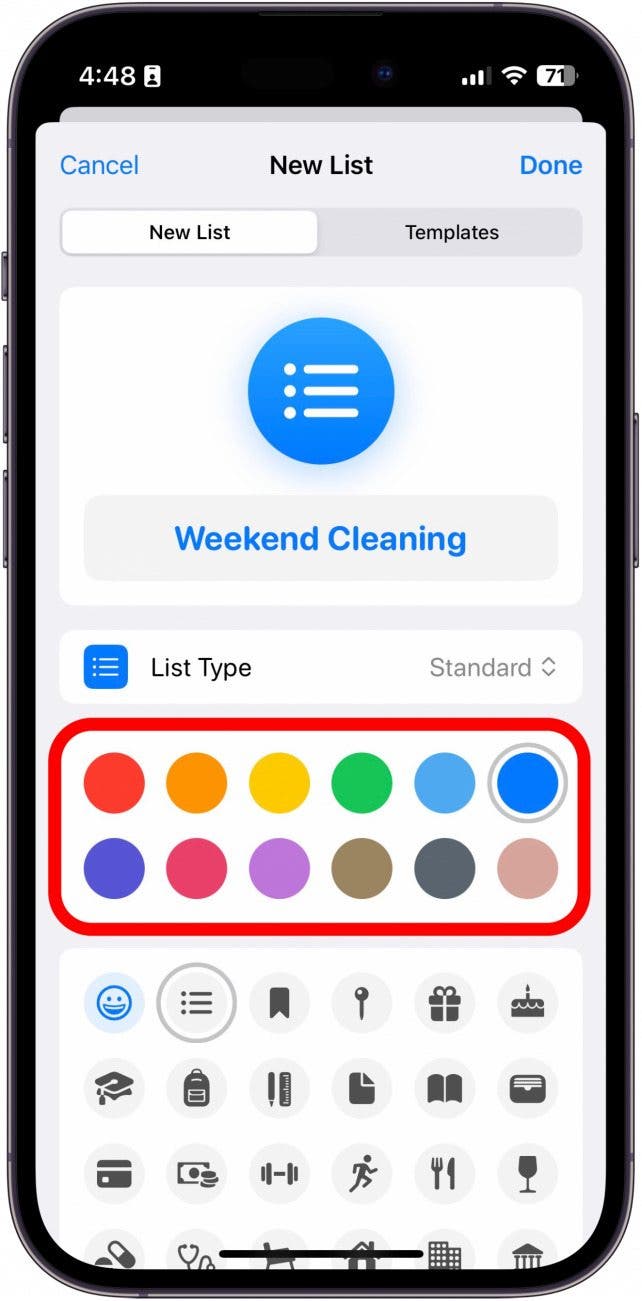 application de rappels iphone nouvelle liste avec des sélections de couleurs encerclées en rouge
