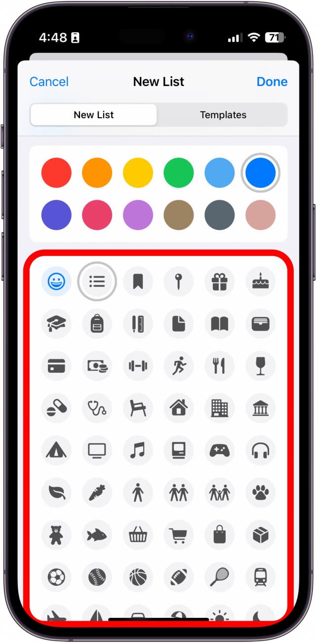 application de rappels iphone nouvelle liste avec sélections d'icônes entourées en rouge