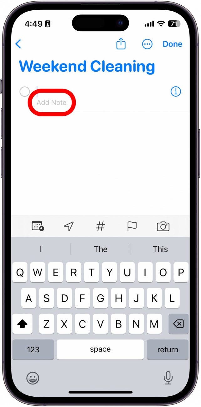 liste de rappel iphone avec bouton ajouter des notes entouré en rouge